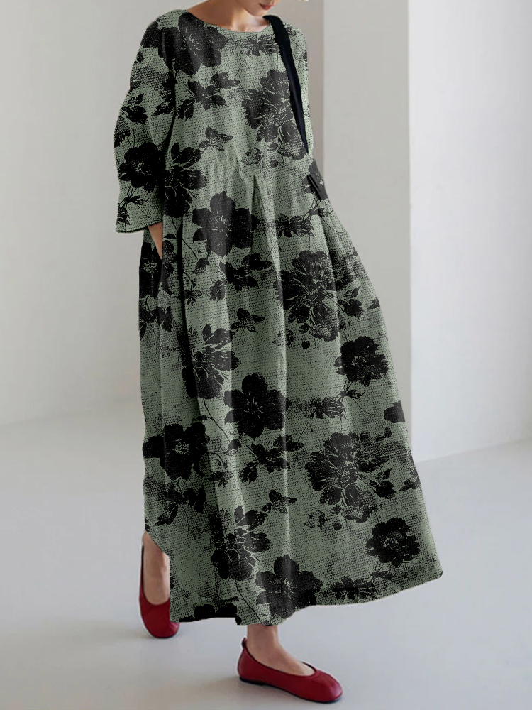 Vintage Abstract Floral Art Linen Blend Maxi Dress-Datalatt