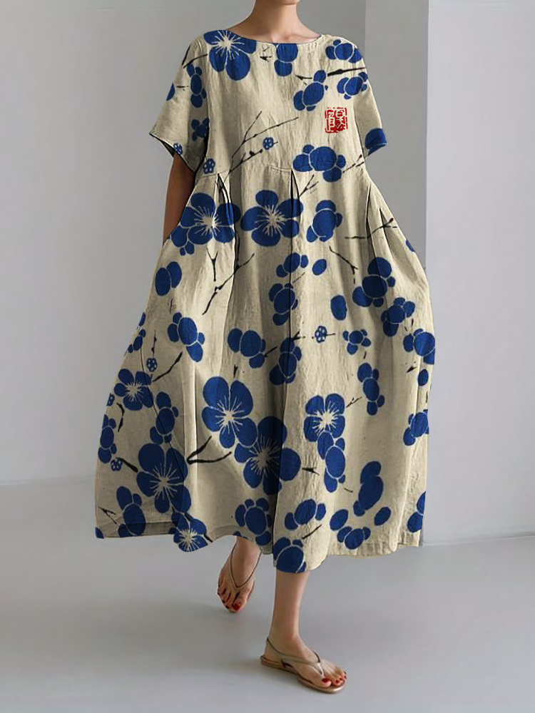 Cherry Blossom Japanese Lino Art Linen Blend Maxi Dress-Datalatt