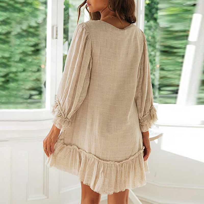 Vintage Plain V Neck Button Ruffle Long Sleeve Mini Dress-Datalatt