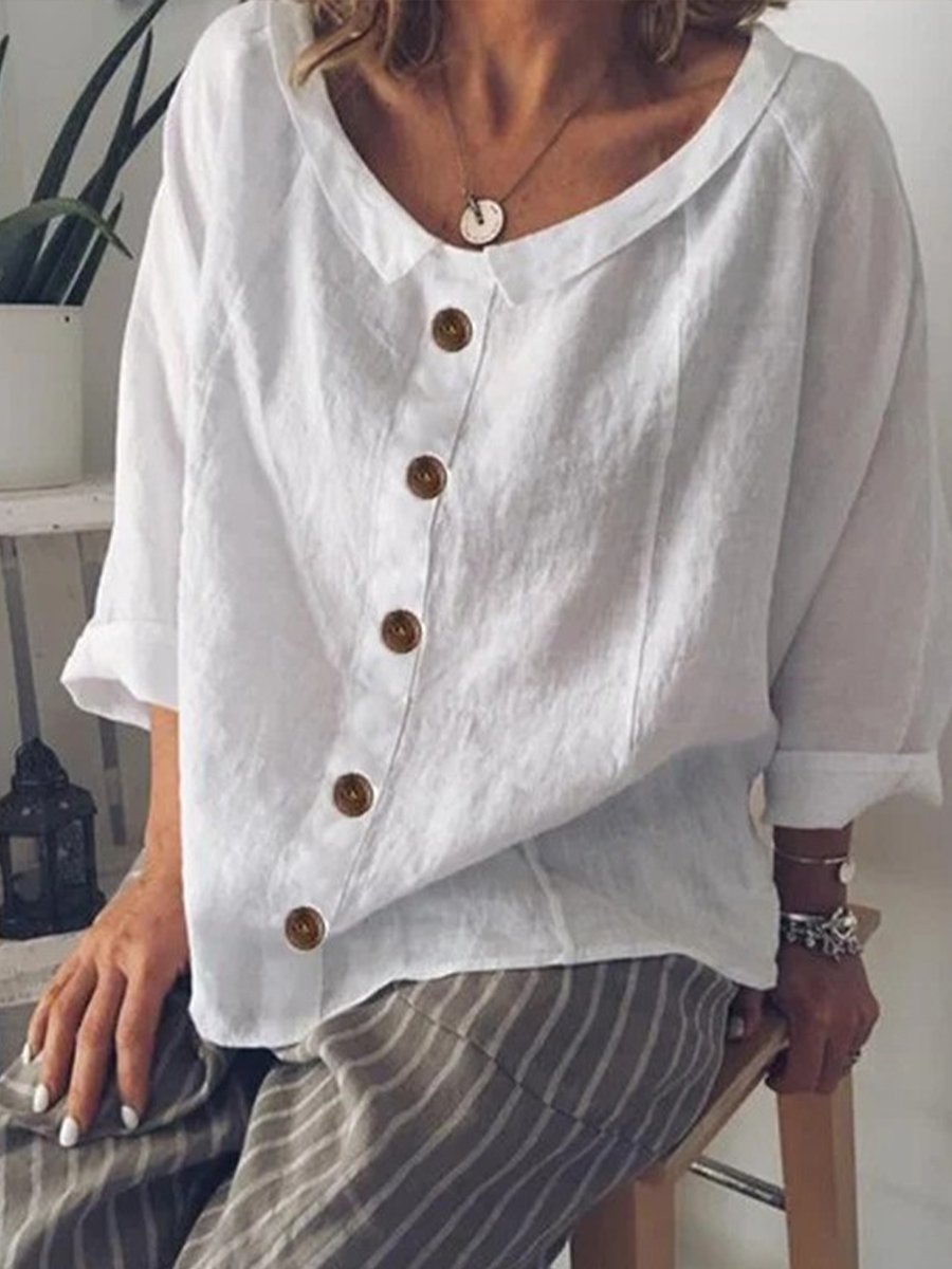 Women's Solid Color Loose Button Doll Collar Cotton Linen Top-Datalatt