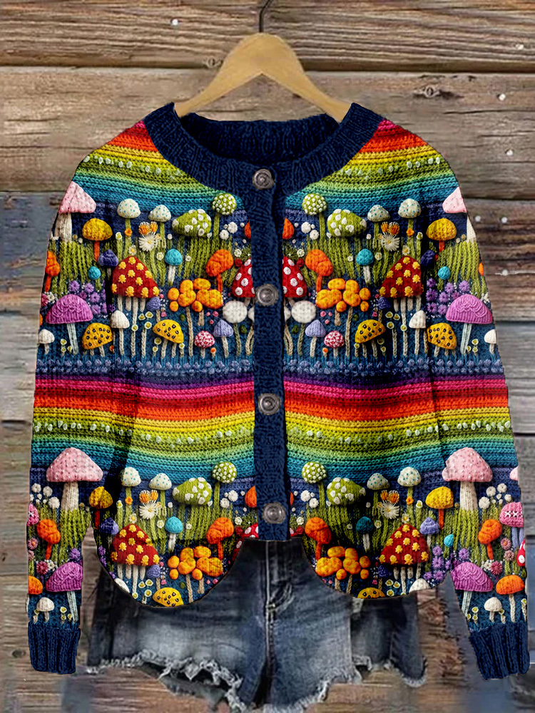 Rainbow Mushroom Embroidery Art Cozy Cardigan
