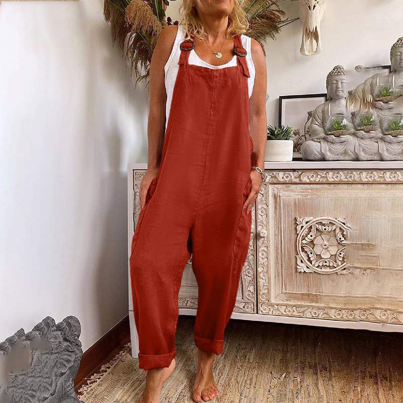 Vintage Cotton Linen Pocket Comfy Jumpsuit-Datalatt
