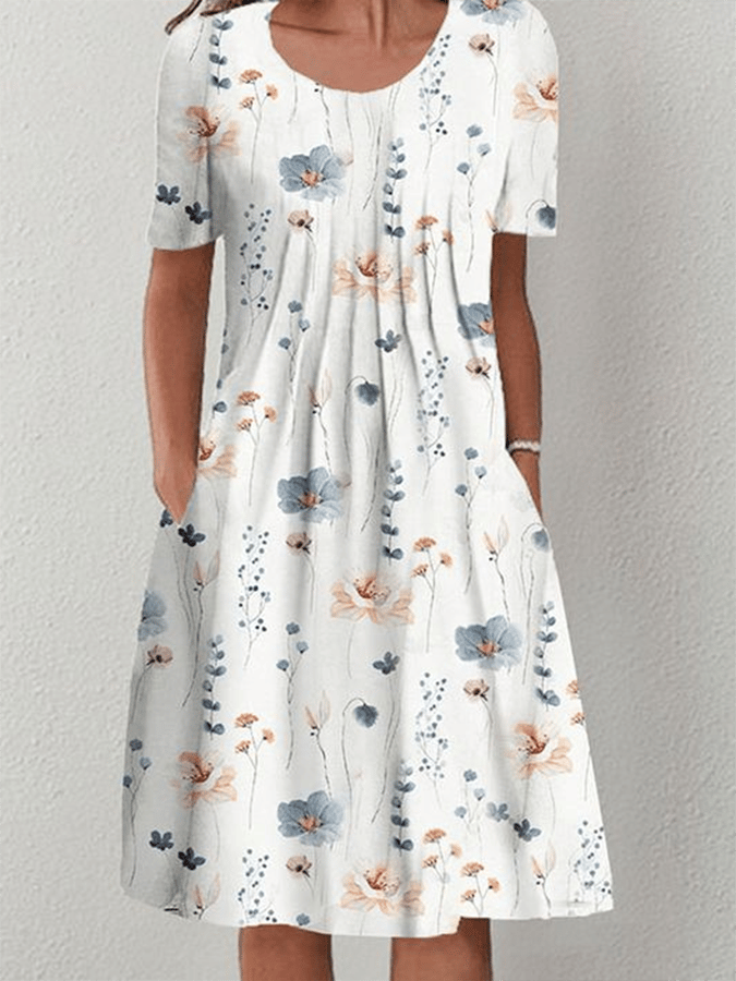 Women's Fashionable Floral Print Pleated Waist Midi Dress-Datalatt