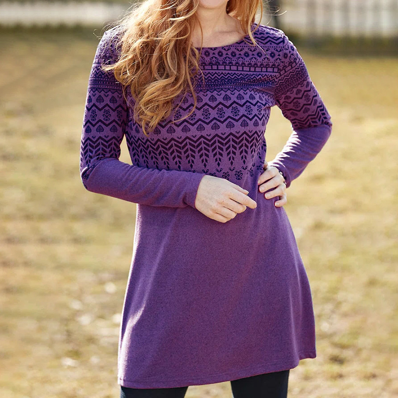 Casual Loose Crew Neck Ethnic Print Mini Dress-Datalatt
