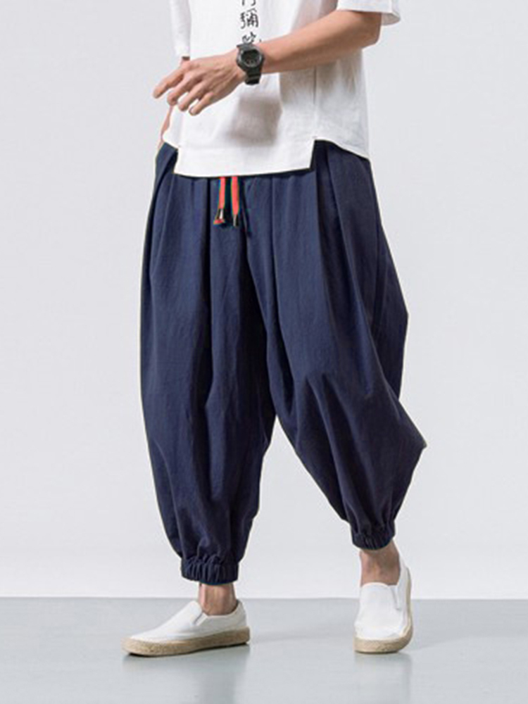 Men's Vintage Elastic Waist Drawstring Casual Loose Cotton Linen Pants-Datalatt