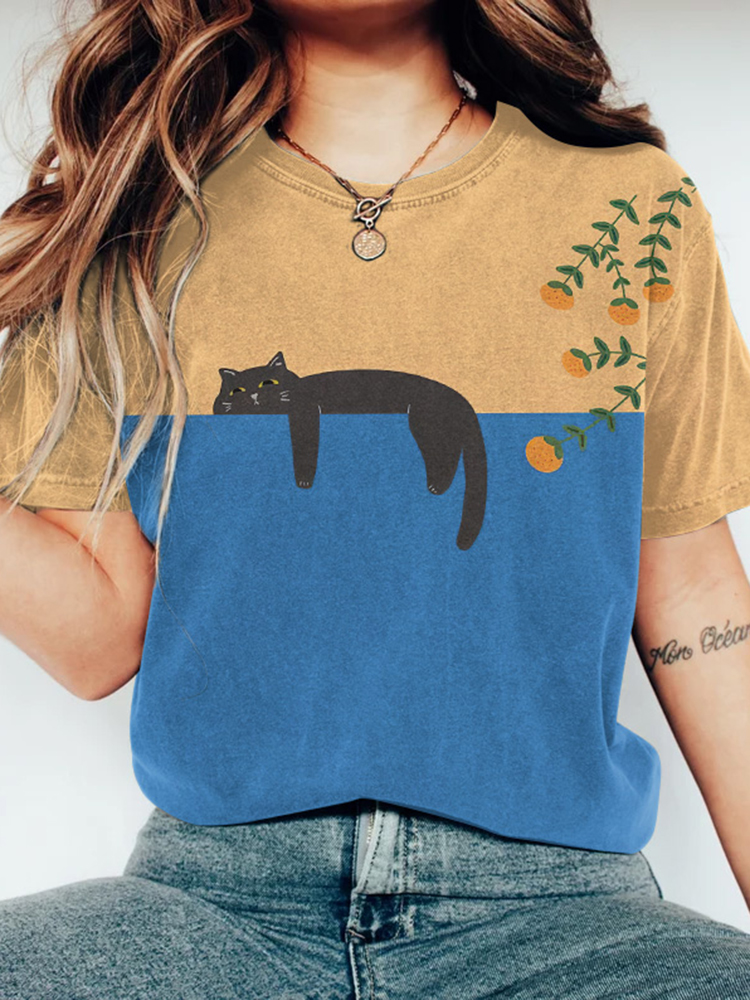 Abstract Creative Lazy Black Cat Painting Art T-Shirt-Datalatt