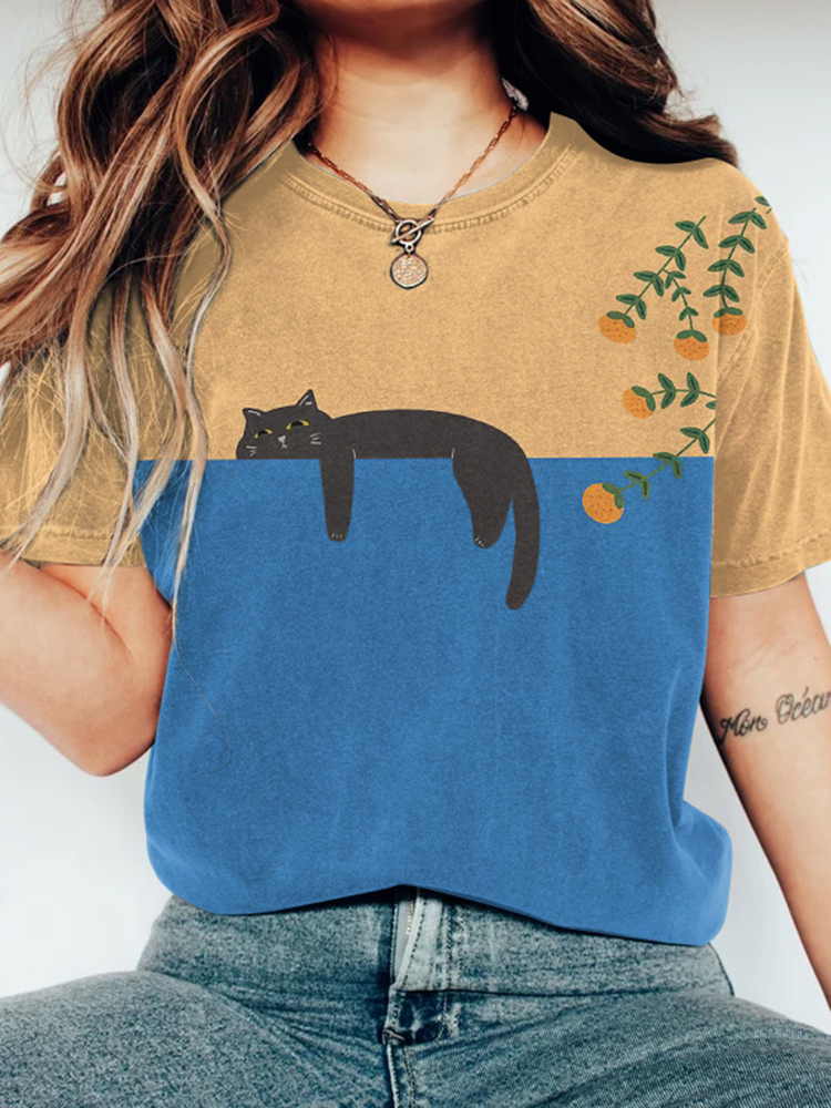 Abstract Creative Lazy Black Cat Painting Art T-Shirt-Datalatt