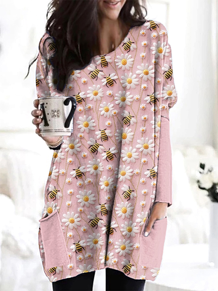 Bee & Daisy Embroidery Art Casual Cozy Long T-Shirt-Datalatt