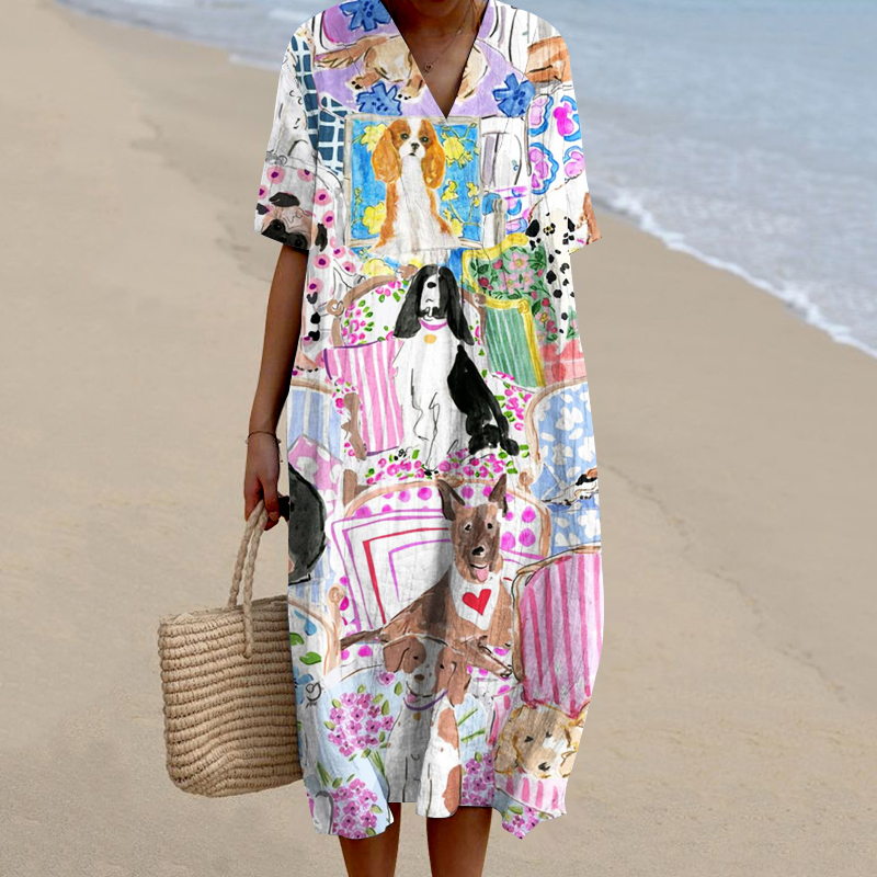 Dog Art Print V-Neck Short Sleeved Midi Dress-Datalatt