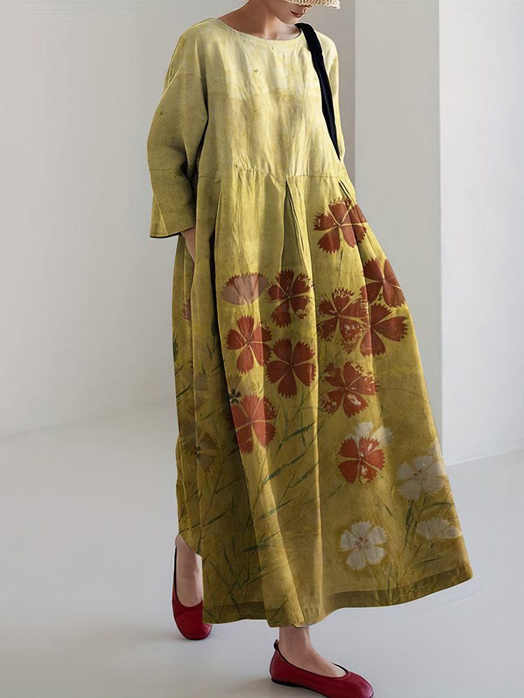 Japanese Art Flower Print Long Sleeve Casual Midi Dress-Datalatt