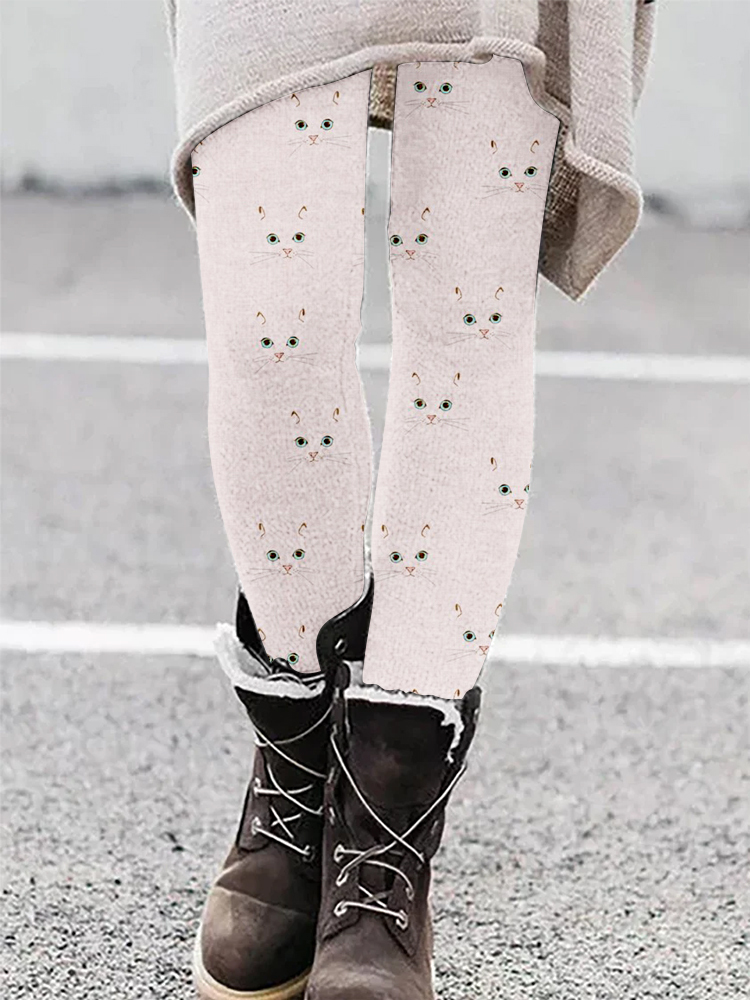 Cute Cat Face Pattern Casual Cozy Leggings-Datalatt