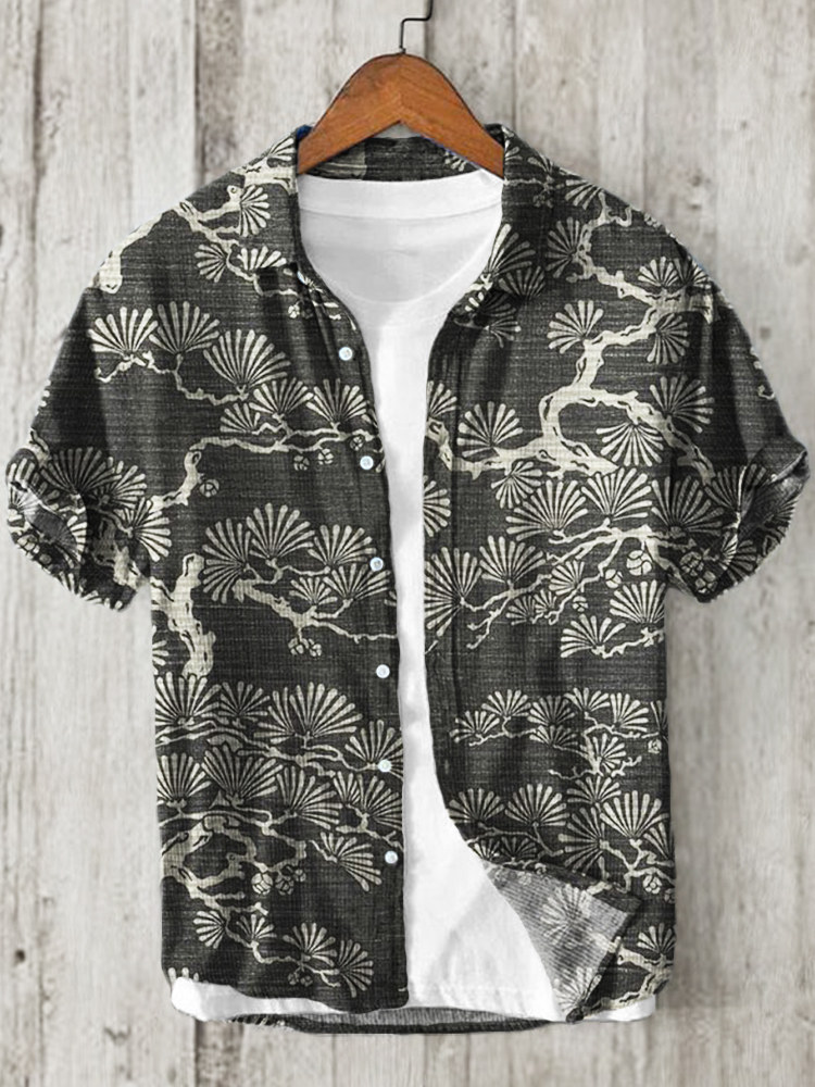 Pine Trees Japanese Lino Art Pattern Linen Blend Shirt-Datalatt