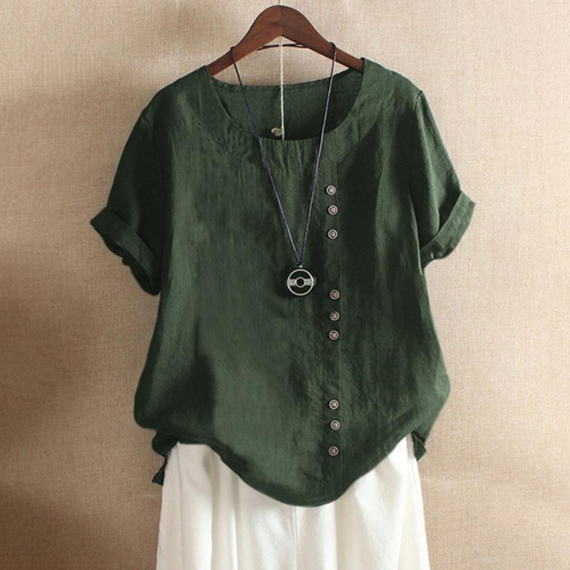 Round Neck Solid Color Buttons Short Sleeves T-shirt-Datalatt