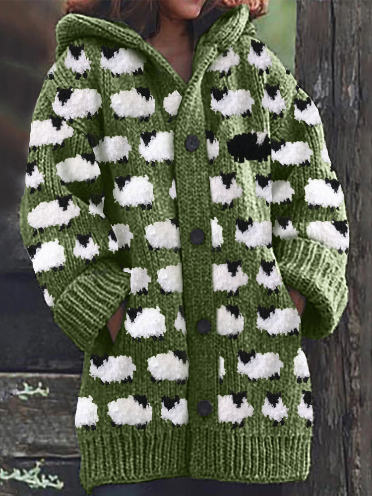 Vintage Sheep Fleece Pattern Cozy Knit Hooded Cardigan-Datalatt