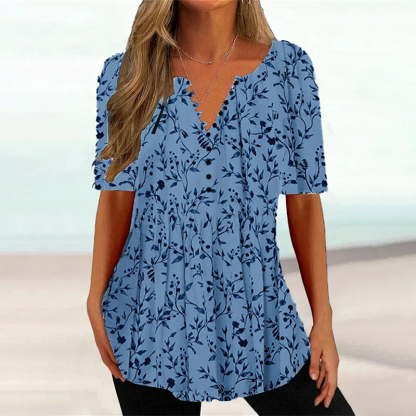 Floral Print V Neck Button Loose Blouse-Datalatt