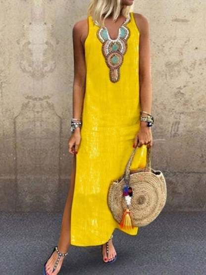 Ladies Cotton Linen V-Neck Sleeveless Dress-Datalatt