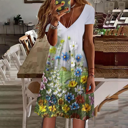 Floral Print V-Neck Short Sleeved Midi Dress-Datalatt