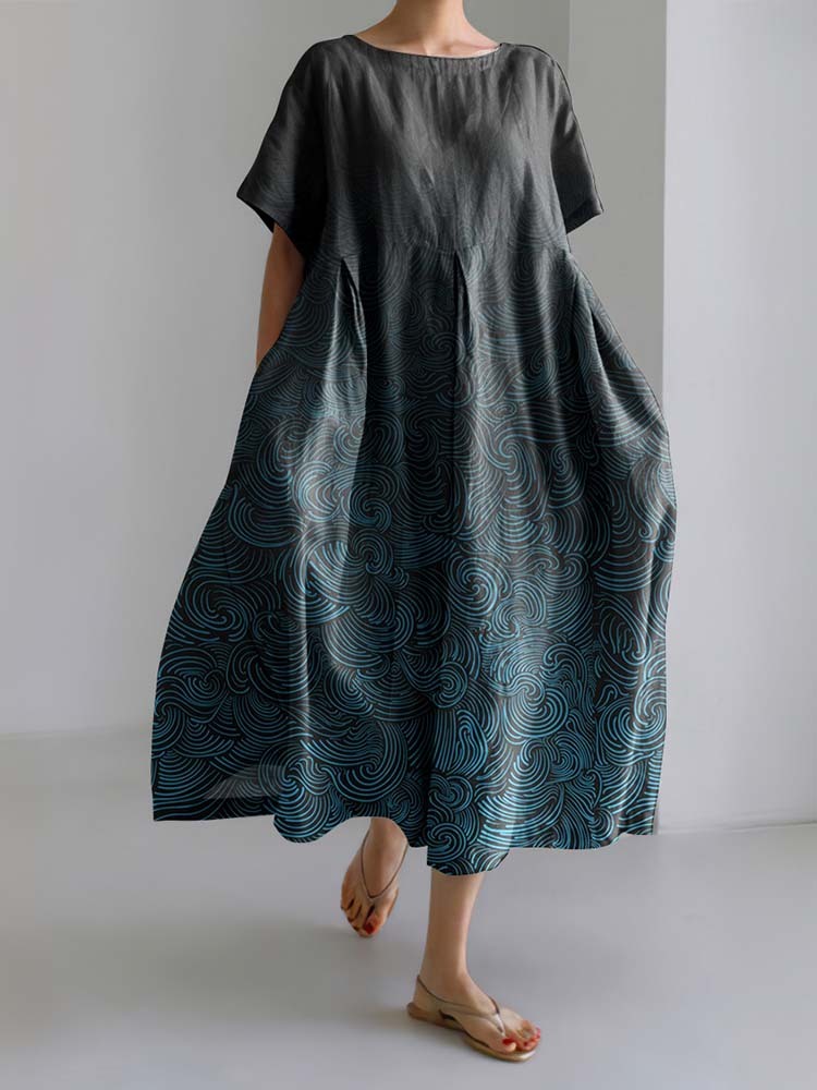 Vintage Waves Print Short Sleeve Linen Blend Maxi Dress-Datalatt