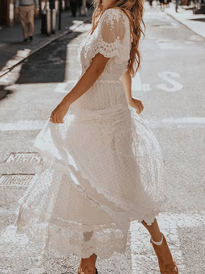 Women's Elegant v-neck Short Sleeve Lace Patchwork Embroidered Long Dresses-Datalatt