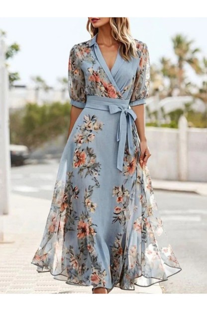 Blue V-Neck Short Sleeve Midi Dress