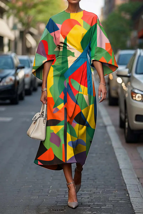 Abstract Print Midi Dress - Effortless Contemporary Glamour