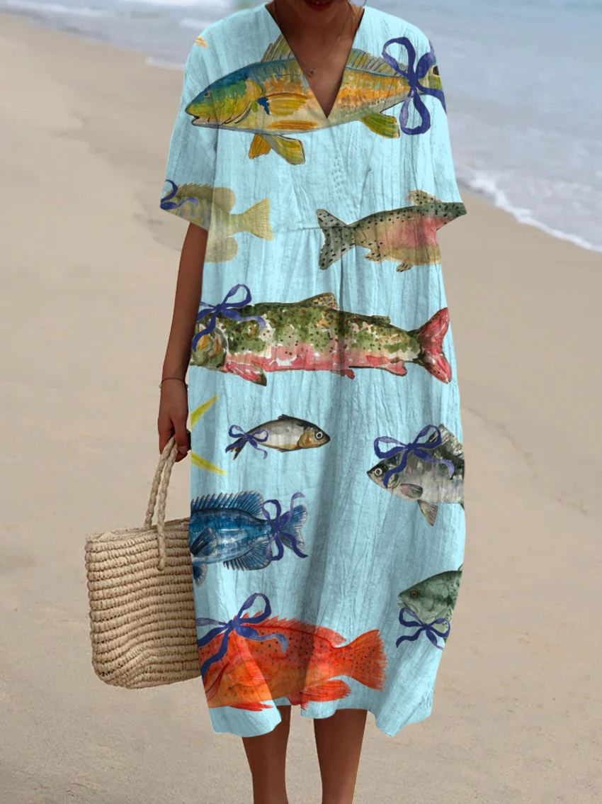 ELARA | VINTAGE-INSPIRED DRESS WITH FISH ART PRINT main image 1