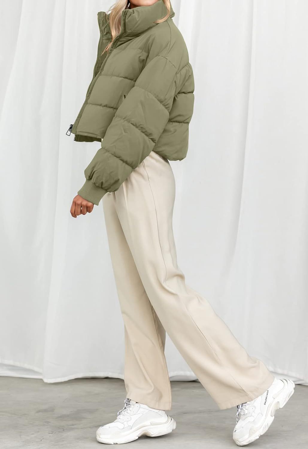 KYL Women's Winter Cropped Puffer Jacket Oversized Zip-Up Quilted Puffy Short Down Coat