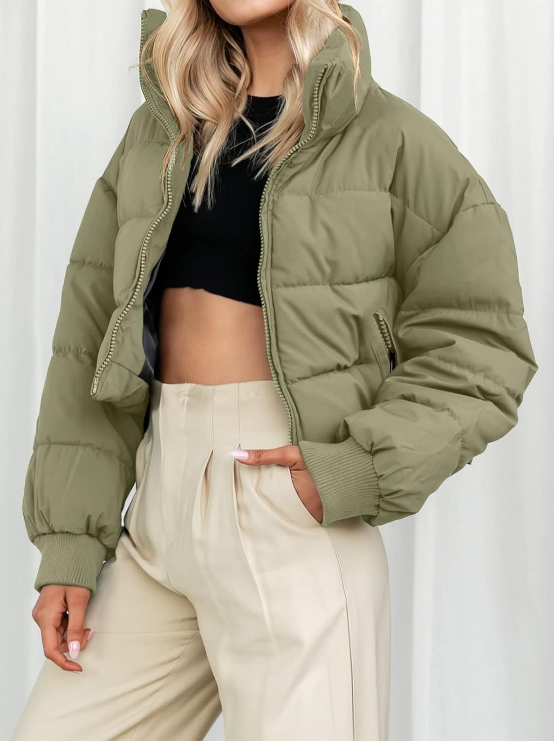 KYL Women's Winter Cropped Puffer Jacket Oversized Zip-Up Quilted Puffy Short Down Coat