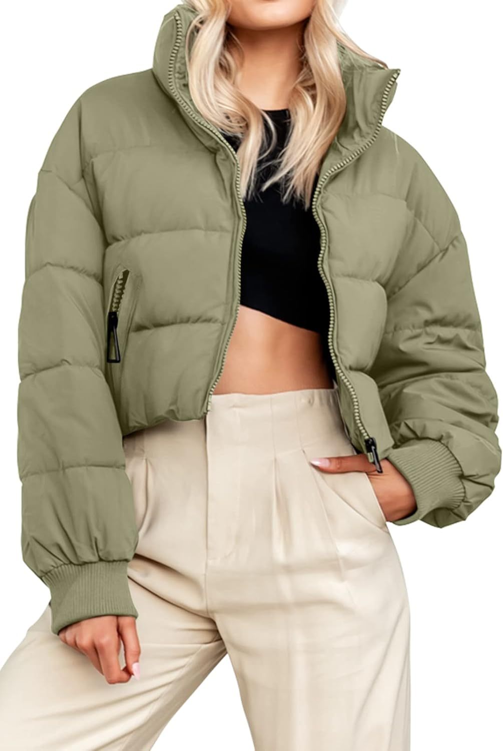 KYL Women's Winter Cropped Puffer Jacket Oversized Zip-Up Quilted Puffy Short Down Coat