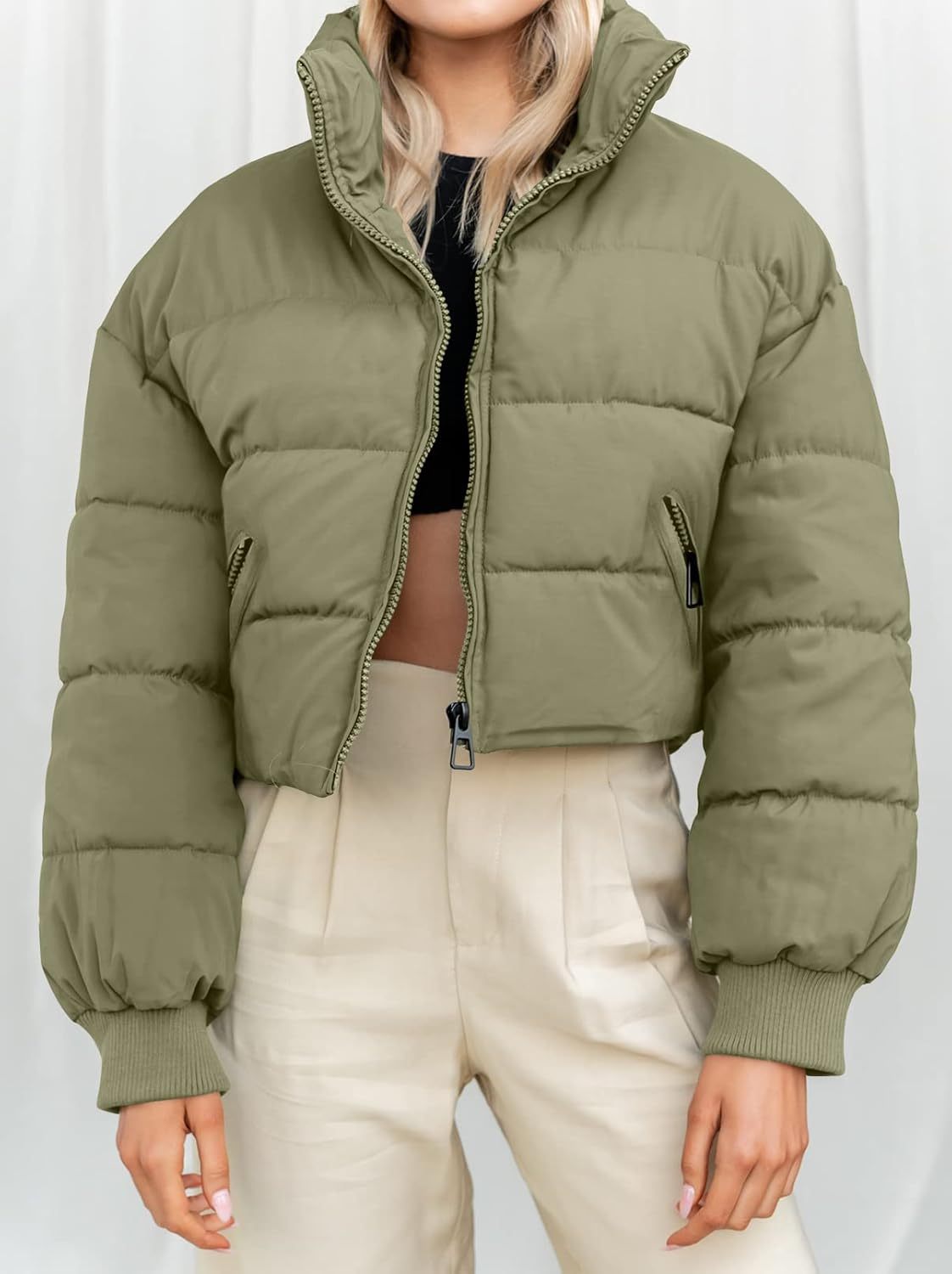 KYL Women's Winter Cropped Puffer Jacket Oversized Zip-Up Quilted Puffy Short Down Coat