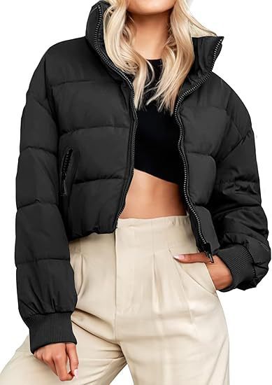 Women's Winter Cropped Puffer Jacket Oversized Zip-Up Quilted Puffy Short Down Coat