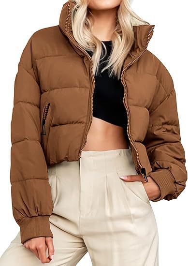 Women's Winter Cropped Puffer Jacket Oversized Zip-Up Quilted Puffy Short Down Coat