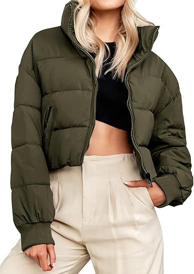 Women's Winter Cropped Puffer Jacket Oversized Zip-Up Quilted Puffy Short Down Coat