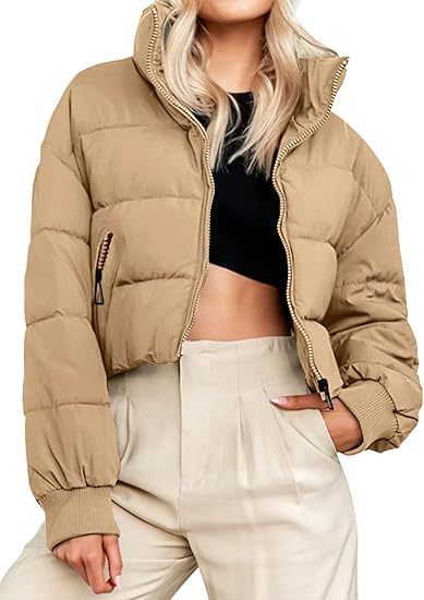 Women's Winter Cropped Puffer Jacket Oversized Zip-Up Quilted Puffy Short Down Coat