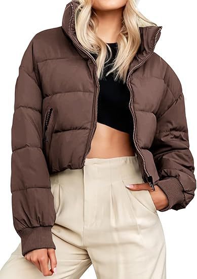 Women's Winter Cropped Puffer Jacket Oversized Zip-Up Quilted Puffy Short Down Coat