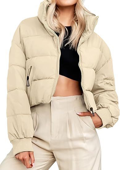 Women's Winter Cropped Puffer Jacket Oversized Zip-Up Quilted Puffy Sh