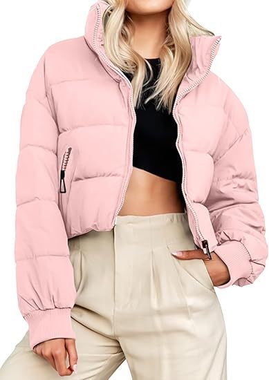 Women's Winter Cropped Puffer Jacket Oversized Zip-Up Quilted Puffy Short Down Coat