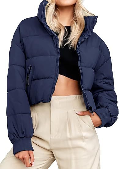 Women's Winter Cropped Puffer Jacket Oversized Zip-Up Quilted Puffy Short Down Coat