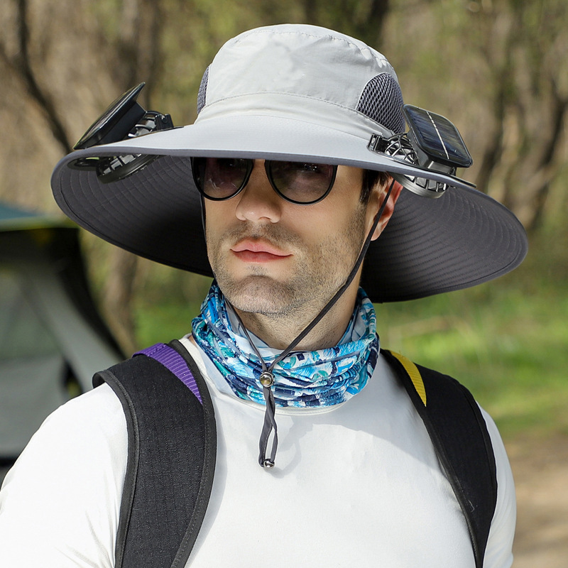 Removable solar charging fan built-in wide-brimmed hat, summer outdoor sun hat, men's and women's mountaineering and fishing hat
