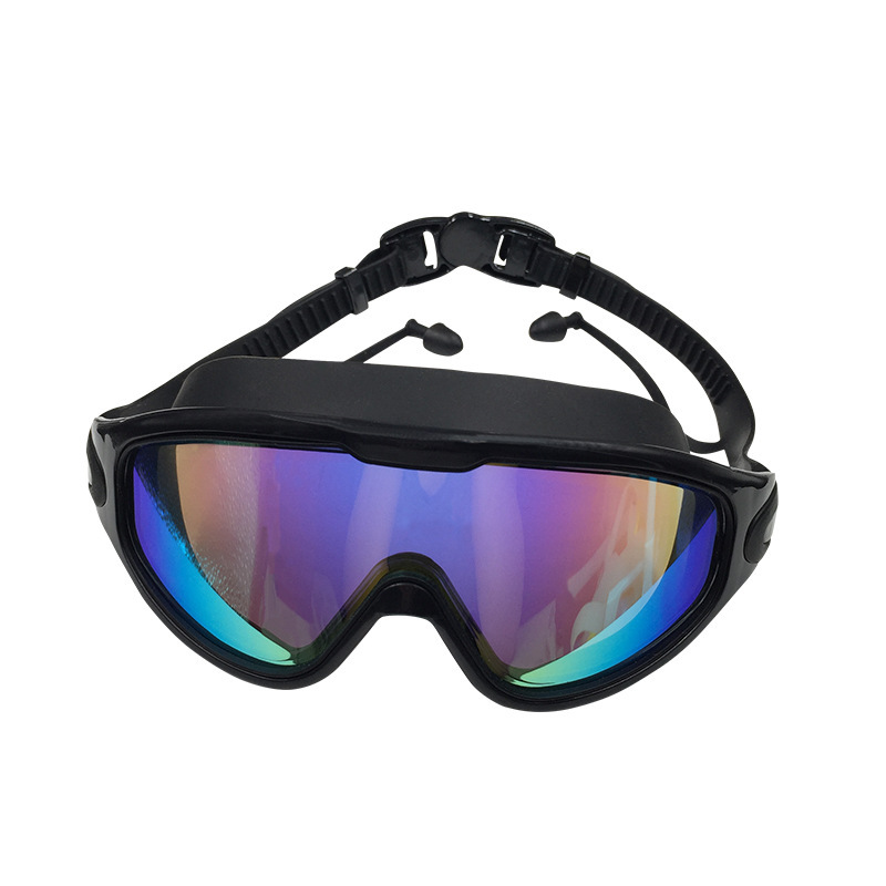 Electroplating large frame waterproof and fog-proof swimming goggles (with integrated earplugs)