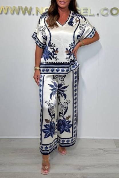 V-neck Short Sleeve Botanical Print Satin Wide-Leg Pants Set