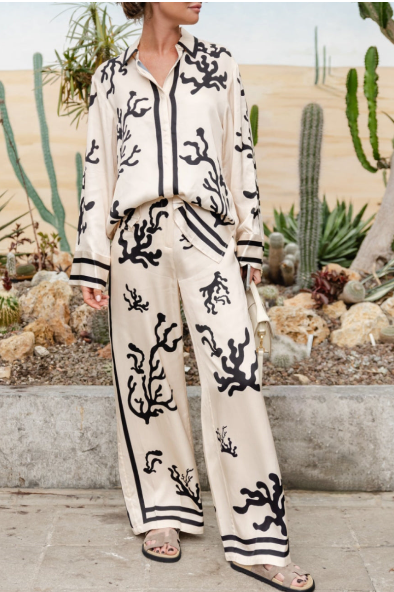 Ladies' Collar Printed Top+ Pants Casual Suit