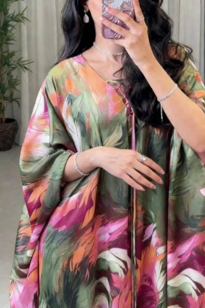 Unique Printed Loose V-Neck Kaftan Robe Maxi Dress