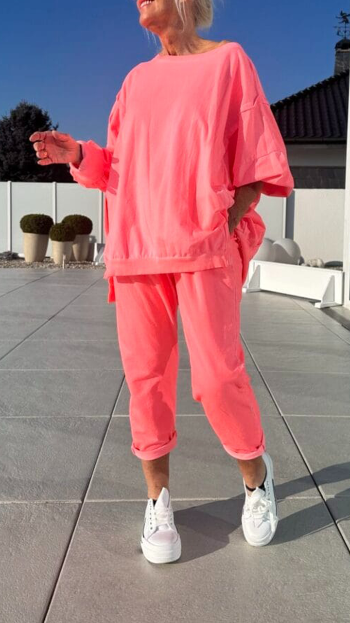 Women's Round Neck Slit Fluorescent Color Casual Suit