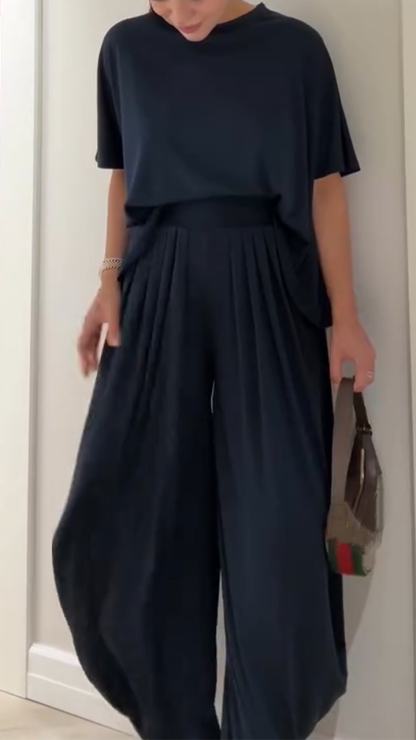 Women's Round Neck Top + Pants Solid Color Loose Casual Suit