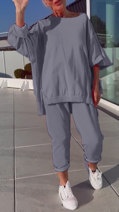 Women's Round Neck Slit Fluorescent Color Casual Suit