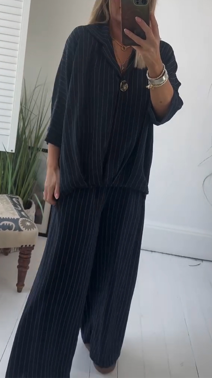 Ladies' Collar Striped Loose Casual Suit