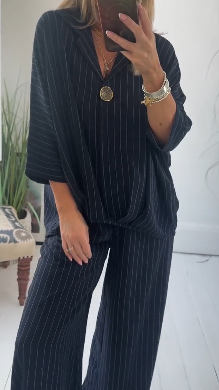 Ladies' Collar Striped Loose Casual Suit