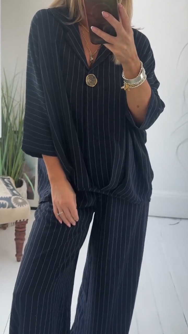 Ladies' Collar Striped Loose Casual Suit
