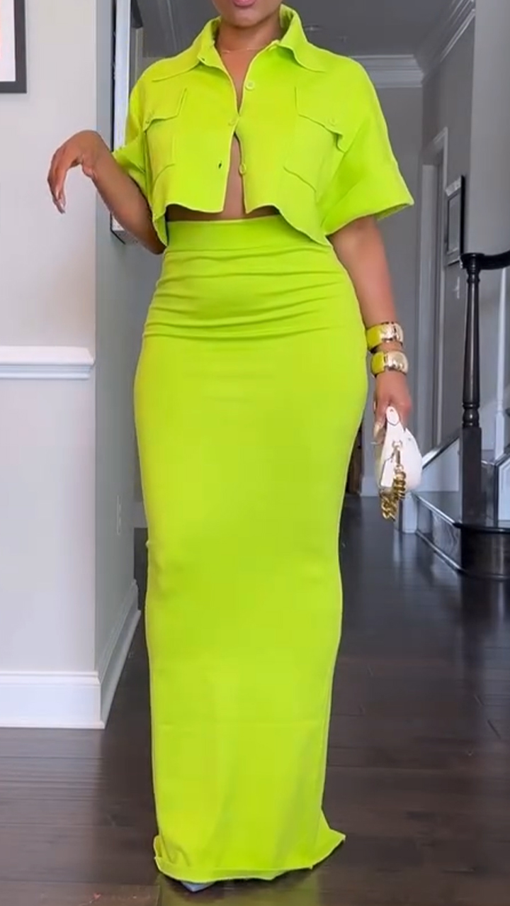 Ladies' Lapel Short Top+skirt Commuting Style Set